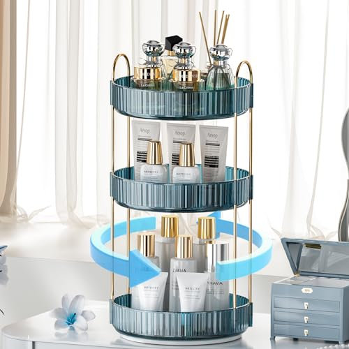 INVSSENE 360° Rotating Makeup Organizer, Bathroom Organizers and Storage Holder Rack, Large Capacity Vanity Shelf Countertop, Fits Cosmetics, Perfume, Skin Care(Blue, 3 Tiers)