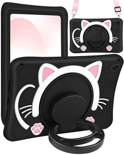 Wazzasoft Coque pour Samsung Galaxy Tab A9 Plus 11 pouces filles mignon chat noir Kawaii Girly 3D dessin animé femmes chaton avec poignée rotative support et sangle en silicone souple Funda pour