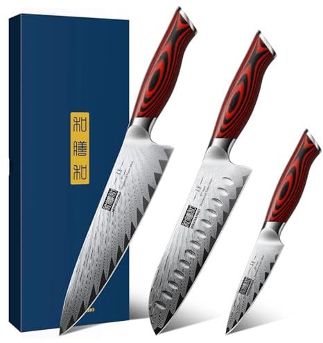 HOSHANHO 3 Pieces Damascus Kitchen Knife Set Ultra-Sharp Knives Set, Professional Chef Knife Set with G10 Ergonomic Handle,Gift Box
