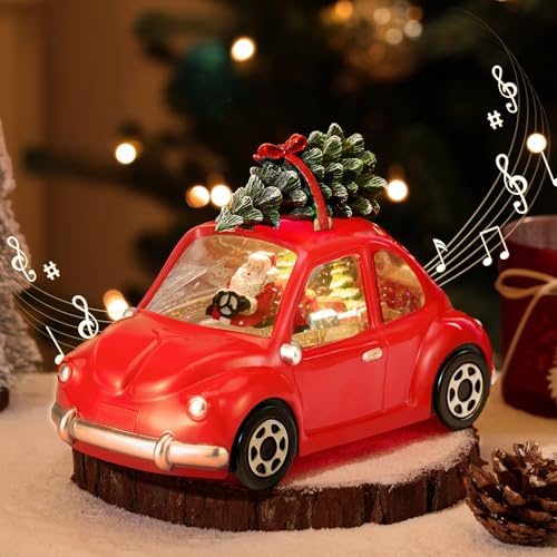 Lewondr Weihnachtsschneekugel Oldtimer mit Musik und Licht, 8 Verschiedene Weihnachtliche Lieder, 6 Stunden Timerfunktion Schneekugel mit USB & Batterie für Esstisch, Kamin, Wohnzimmer
