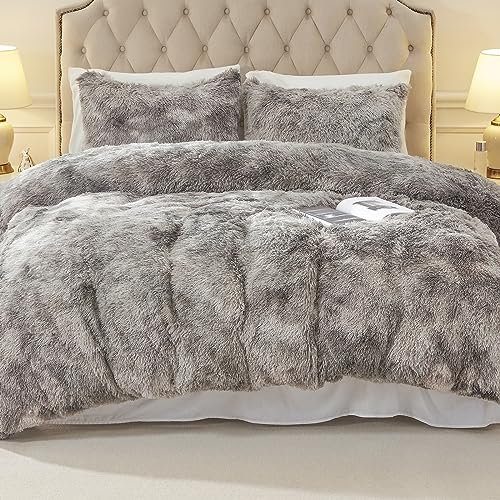 EMME Plüsch Bettwäsche Set 135x200cm Biber Flauschige Bettdecke Set für Bett Shaggy und Plüsch weiche Bettwäsche Bettbezüge und 1 Kissenbezug 80x80cm,Tie-dye Hellgrau