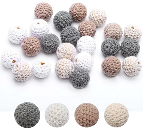 Gehäkelt Holzperlen，24 Stück Häkelperlen Gehäkelt Holzperlen mit Loch Runde Gehäkelte Perlen Auffädeln Handgefertigt Holzkugeln Häkelperle für DIY Schmuck Dekorationen Halskette Armband(grey-20mm)