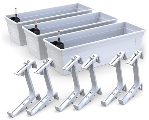 Plastard Blumenkasten Milano 3er Set 80 cm lang mit Hydroeinsatz Wasserstandsanzeiger und Balkonhalterung witterungsbeständiger Pflanzkasten Farbe Weiß
