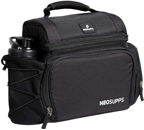 Neosupps Meal-Prep-Tasche Schwarz, Isolierte Lunchbox, Fächer für Snacks & Getränke, Robustes Design, Kompakt, Tragbar, Leicht zu Reinigen (Uni Schwarz)