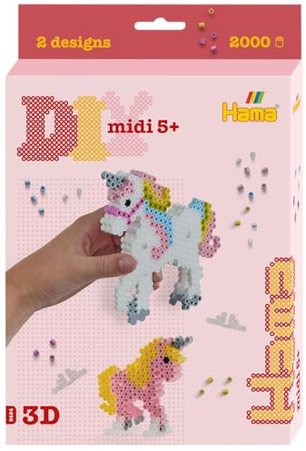 Hama Perlen 3454 Bügelperlen 3D Einhörner, kleine Geschenkpackung mit ca. 2.000 Midi-Perlen, Stiftplatte, 4 Motivstützen, Motiv-Vorlage, Bügelpapier, für Kinder ab 5 Jahren