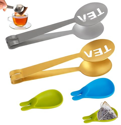 JEPELUS 2Pcs Stainless Steel Tea Bag Squeezer, 4.8 In Teabag Squeezer Strainer Spoon for Sugar Tea Bags Loose-tea Ice Cube Kitchen Bar Tools with 2Pcs Silicone Tea-Bag Holder