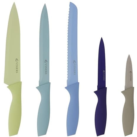 Viners Latimer 5 Piece Knife Set Ombre Gradient Design, Non-Stick Coated Blades Chef, Carving, Bread, Utility & Paring Knives – Soft Touch Handles, Durable Stainless Steel