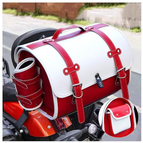 VODHXA Motorrad Hecktasche für Honda Super Cub 125 2020-2024, Motorrad Gepäcktasche Wasserdichter Hecktasche Große Kapazität Motorradtasche, Retro Motorrad Satteltasche,C White + Red