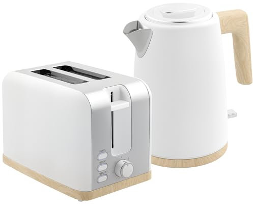 HOMCOM Ensemble bouilloire et grille-pain 2200W, bouilloire 1,7 L chauffage rapide et grille-pain 2 tranches, 7 niveaux de brunissage - arrêt automatique, protection contre l'ébullition à sec, blanc