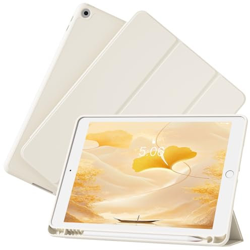 KVTVOU Case for iPad 9th Generation 2021/ iPad 8th Generation 2020/ iPad 7th Generation 2019 10.2 Inch Cover with Pencil Holder, Protective Soft TPU Back, Auto Sleep/Wake, Cream White