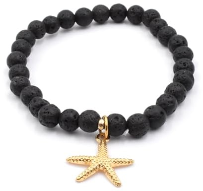 MARARDI Armband aus Natürlicher Vulkangesteinslava und Charm Stern 6mm - Positive Energie, Emotionale Balance, Stressabbau, Verstellbar, Herren und Damen