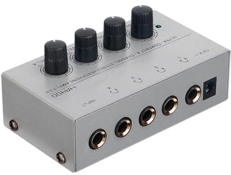 Yominerr HA400 Amplificatore per Cuffie A 4 Canali per Mixer Audio PC Chitarra, Spina EU - Amplificatore Audio Stereo in Metallo di Alta qualità