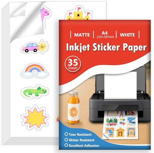Euqvunn 35 Hojas Papel Pegatina para Imprimir A4, Vinilo Imprimible Adhesivo Blanco Mate Impermeable, Adhesivo de Página Completa para Impresoras de Inyección de Tinta, Secado Rápido, 210x297mm