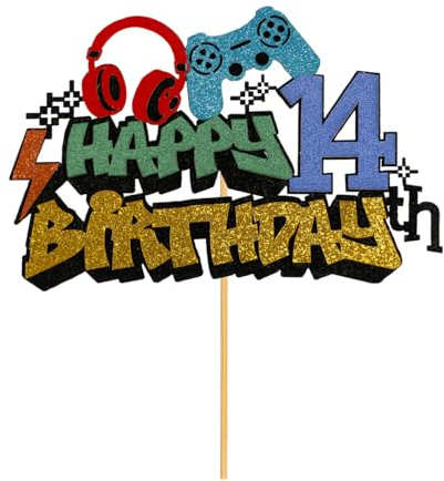 Lotsdonxia Video Game Cake Topper - Happy Birthday Glitter On Controller Design for Boys Party Supplies, Parper Decoration Picks for Gamer Theme Celebrations (14th)