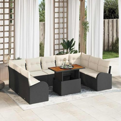 QJBSAVVA 10-Teilig Modulares Garten-Sofa-Set Schwarz Poly-Rattan 100x55x73 cm mit Untergestell-Stauraum Robust für Balkon Terrasse und Lounge