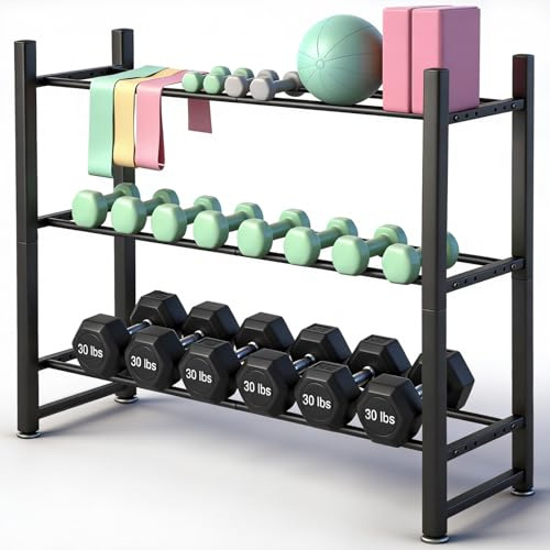 3-Stufiger Verstellbarer Hantelständer,496LB Tragfähigkeit Hantelablage,80cm Kurzhantelständer,Kurzhantelständer für Hanteln, Medizinball, Kettlebells und Mehr – Platzsparender Hausgym-Organisator