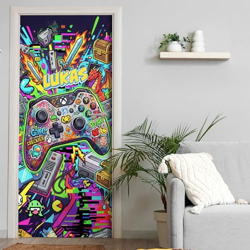 Türtapete selbstklebend | personalisiert mit Namen | 200 x 90 cm Gaming Graffiti Pixel | Tür Aufkleber Poster Türfolie | Einteilig | Wasserfest 3D Türaufkleber Wandtattoo Türposter Teenager