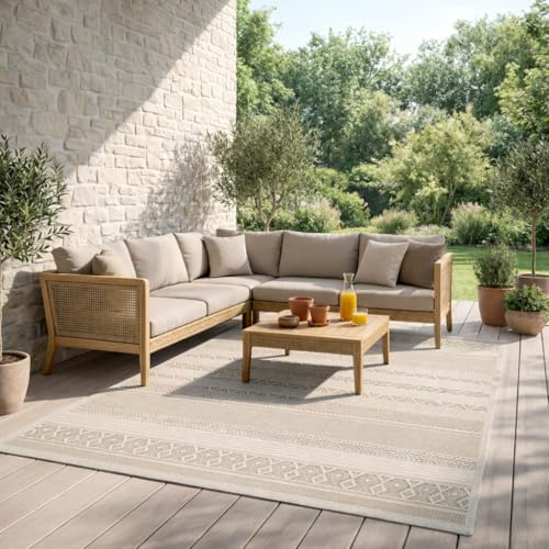Mia´s Teppiche Denver robuster Outdoor Teppich, modern, Wetterfest & UV-beständig, für Balkon, Terrasse und Wintergarten, flach, auch für Küche oder Esszimmer, Beige, 140 x 200 cm