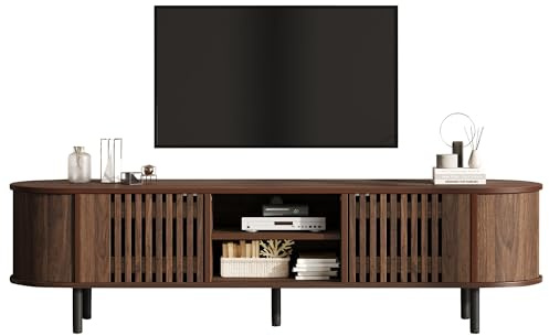 kozamas Mobile TV per TV da 65 pollici, in noce, basso con design traforato e 5 gambe in metallo, 160 x 40 cm, MDF, soluzione moderna di spazio di archiviazione, stabile