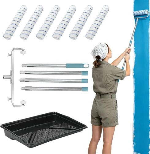 18 Inch Paint Roller Set Large Paint Roller with Adjustable Frame | 6 Microfiber Rollers, Adjustable Frame, 63 Extension Pole, Large Paint Tray, Complete Painting Kit for Walls Ceilings