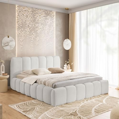Home Collective Polsterbett Doppelbett Bubble Bett mit Stauraum viele Größen | Bettgestell mit Lattenrost weicher Bouclé Bezug Steppung niedriges Kopfteil | Schlafzimmer Möbel | Hellgrau 180x200 cm