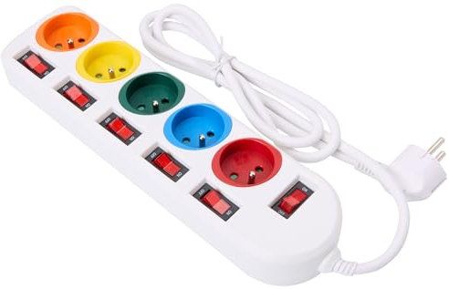 FISHTEC Multiprises Electriques 5 Prises Couleur - Bloc Multiprise Couleur - Interrupteur Général + pour Chaque Sortie + Stickers - Longueur Câble 150 CM - 29 x 9 CM - Blanc & Noir (Blanc)