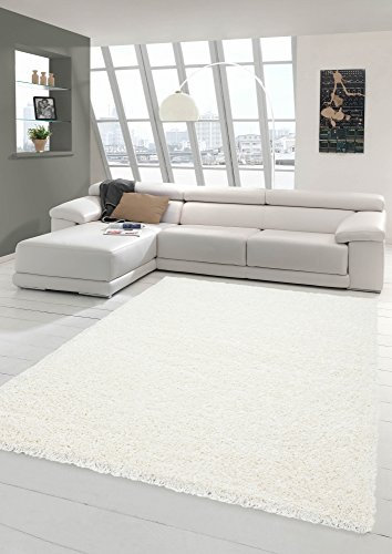 Traum Shaggy Hochflor Langflor Teppich Wohnzimmer Gemustert in Uni Design Cream - Größe 200 cm Rund