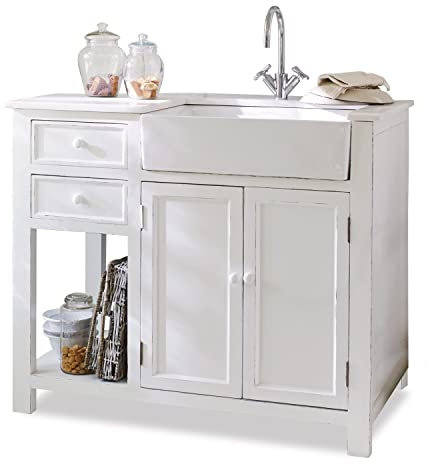 Loberon Spülenschrank Bloomingdale, edle Marmorplatte, viel Stauraum, Spültisch, Küchenmöbel, Pappelholz, Keramik, antikweiß