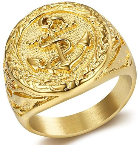 BOBIJOO JEWELRY - Imposante Bague Chevalière Ronde Homme Acier INOX 316 Or Doré Ancre Marine Aigle - 22,6 (13 US)
