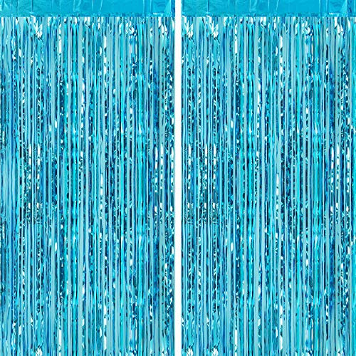 CHRORINE 2pcs 1m x 2.5m Light Blue Metallic Tinsel Foil Fringe Curtains Party Streamers Backdrop for Frozen Mermaid Birthday Baby Shower Bachelorette Bridal Shower Blue Party Decorations
