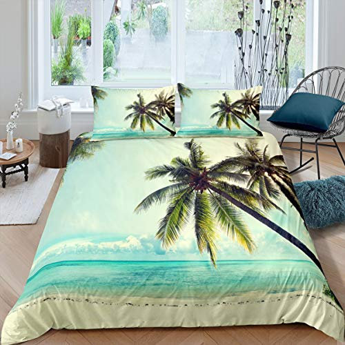 Loussiesd Strand Kokosnussbaum Drucken Bettwäsche Set Meer Ozean Bettbezug Set Sommer Tropisch Hawaii Bettwäsche 135x200cm für Mädchen Kinder Mikrofaser Betten Set Grün Blau