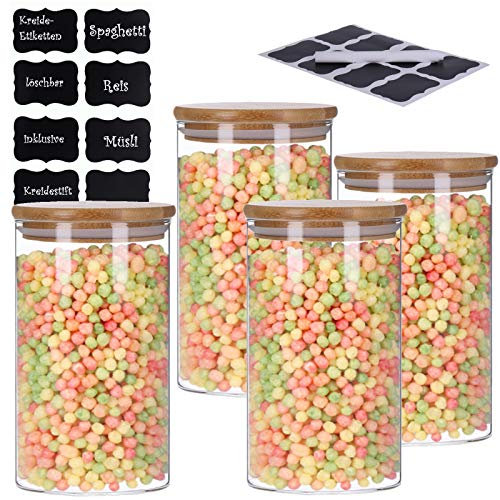 TALK-POINT 4er Set Vorratsdosen aus Glas mit Bambusdeckel Vorratsgläser Glasbehälter Spaghetti- Glas | inkl. 8 Kreideetiketten und Stift | luftdicht Spülmaschinenfest Mottensicher (4x 1000 ml)