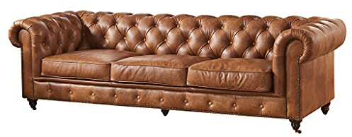 Crafters and Weavers Century Chesterfield Sofa Light Brown Leather, 95InW x 38InD x 29InH
