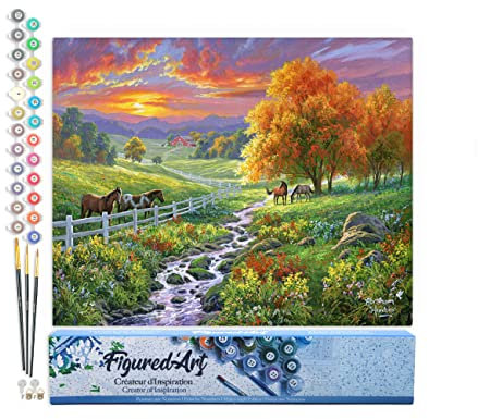 Figured'Art Malen Nach Zahlen Erwachsene Landschaftlicher Sonnenuntergang und Pferde - Paint by Numbers Basteln DIY Bastelset 40x50cm ohne Holzrahmen