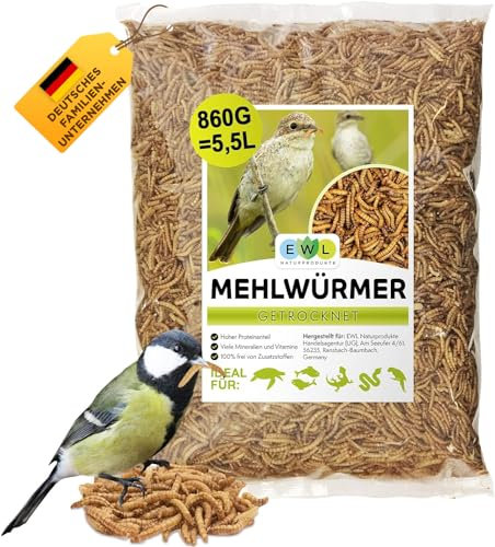 Mehlwürmer getrocknet 5,5 ltr. (860g) Insektensnack für Vögel, Fische, Schildkröten, Nager und Reptilien EWL Naturprodukte