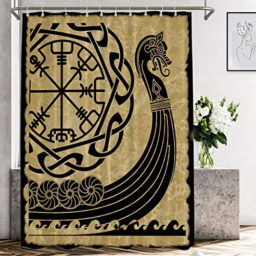 Shrahala Vikings Ancient Scandinavian Decorative Shower Curtain, Warship Boat Old Ancient Sea Bathroom Décor Polyester Fiber Waterproof with Plastic Rings for Shower Stall Bathtubs 72 x 60 in
