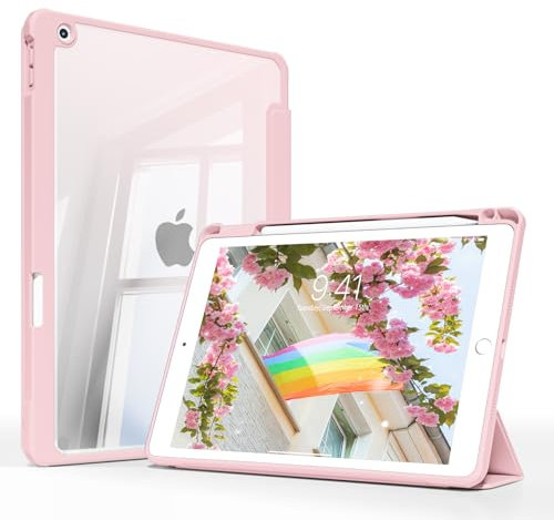 JKSML Hülle für iPad 9. / 8. / 7. Generation 10.2 Zoll Modell 2021/2020 / 2019, Transparenter Rückseite mit Stifthalter | Auto Schlaf/Aufwach | Ultradünne Schutzhülle aus TPU für iPad 10.2 Zoll, Rosa