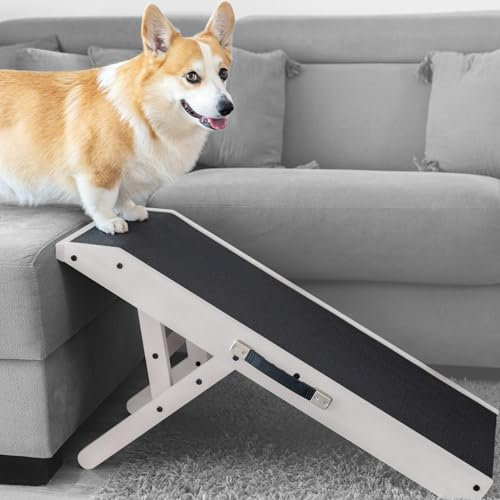 Hunderampe - Hundetreppe für kleine Hunde und große Hunde - Einstellbar 18-53 cm - Für Bett, Sofa - Birkenholz - Landeplattform schließt nahtlos an - Rampe Hund Klappbar - Anti-rutsch Einsatz Weiß
