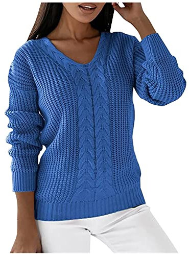 Pullover Damen Elegant Strickpullover V-Ausschnitt Lang Winter Winterpullover Elegant Rundhals Sweatshirt Frauen Langarm Herbst Oberteile Damenpullover Tops Pullis