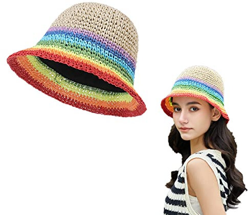 Häkelmütze für Frauen, Strickmütze Regenbogen Vintage Beanie für Outdoor Sommer Strand Sonnenhut Fischermütze, Bunt, Einheitsgröße