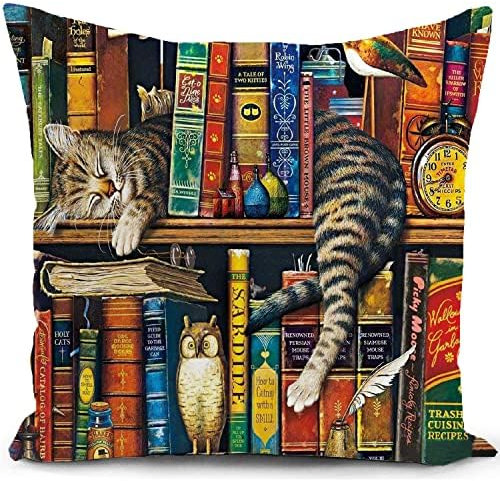 HUASHUZI Kissenbezug 40x40 Kissen mit katzenmotiv Katze Geschenk für Katzenliebhaber Katzen bibliothek Buch deko bücherregal sofakissen dekokissen Schlafzimmer Wohnzimmer