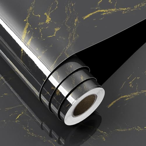 FunStick Black Grey and Gold Wallpaper Marble Self Adhesive Wallpaper Kitchen Grey Black Marble Sticky Back Plastic for Worktop Vinyl Table Covering Self Adhesive Black and Gold Wallpaper 30CM×5M