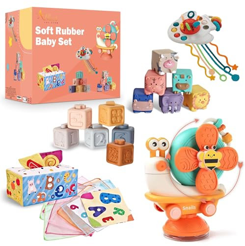 Jeux Bébé 6 Mois ÉVeil, Jouet Bébé 6 Mois - Blocs à Empiler, Animaux à Encastrer, BoîTe à Mouchoirs Alphabet, Fusée Sensorielle et Balle Popper - Jeux Montessori 6 à 12 Mois