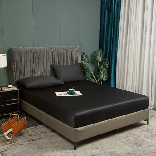 Bambus Spannbettlaken 140x200 cm Schwarz Antibakteriell Weich Spannbetttücher Kühlende 100% Bambus Spannbetttuch Set Hypoallerg Boxspringbett Bettlakenfür Hohe Matratze bis 25-30 cm