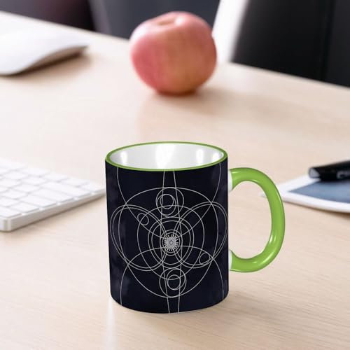 YOIUE Tasse aus Keramik - Große 11oz Tassen 330ml Kaffeetassen mit Henkel, 100% Handbemalt - Trinkgläser mit Griff - Weiß,Symbol der heiligen Geometrie des Lebenssamens. Geometrisches mystisches Logo