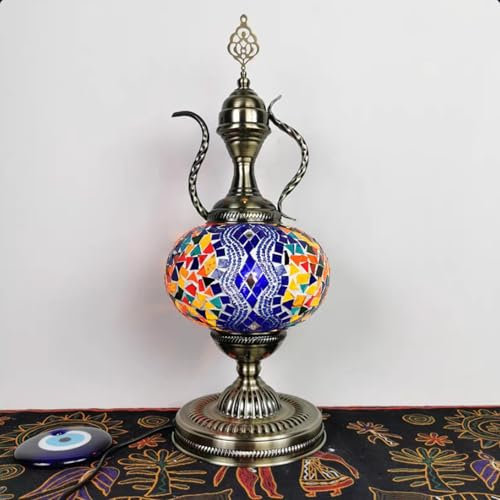 Turkish Pitcher Lamp, Mosaic Teapot Table Lamp, Antique Bohemian Decorative Glass Wine Pot Lamp, Moroccan Vintage Lamp Shade, Bedside Stained Glass Desk Light for Gifts Bedroom,Multi colored
