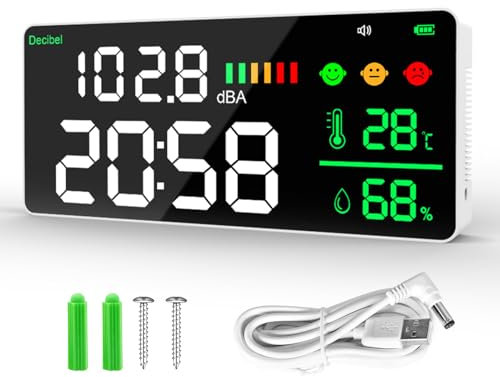 Decibel Sound Meter LED Screen Brightness Adjustment 30-130dBA Sound Level Meter Range 4-in-1 Noise, Time, Temperature and Humidity Suitable for Home, Office, etc