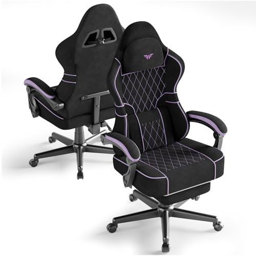 Ferghana Chaise Gaming Ergonomique,Fauteuil Game en Cuir Respirant,Gaming Chair avec Réglable Appui-tête,Coussin Lombaire Massage,Repose-Pied,Chaise de Bureau PC Game,Noir Violet,Velours Mat