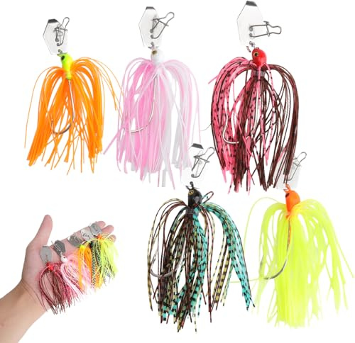 TMZELOA Spinnerbait Angelköder Set 5 Stück – Chatterbait Hecht Köder mit 3D Augen, Silikon Skirt und Scharfer Haken – Barsch Köders Zander Köders für Hecht Forelle See Fluss Angeln