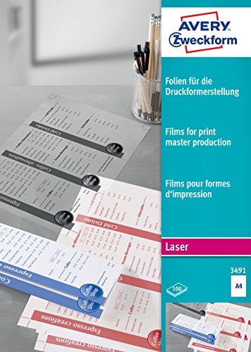 AVERY Zweckform 3491 Laserfolien - Transparentfilme für die Druckformerstellung (100 Stück, A4, matt beschichtet, stapelverarbeitbar, für S/W Laserdrucker, Folienstärke 0,10mm)